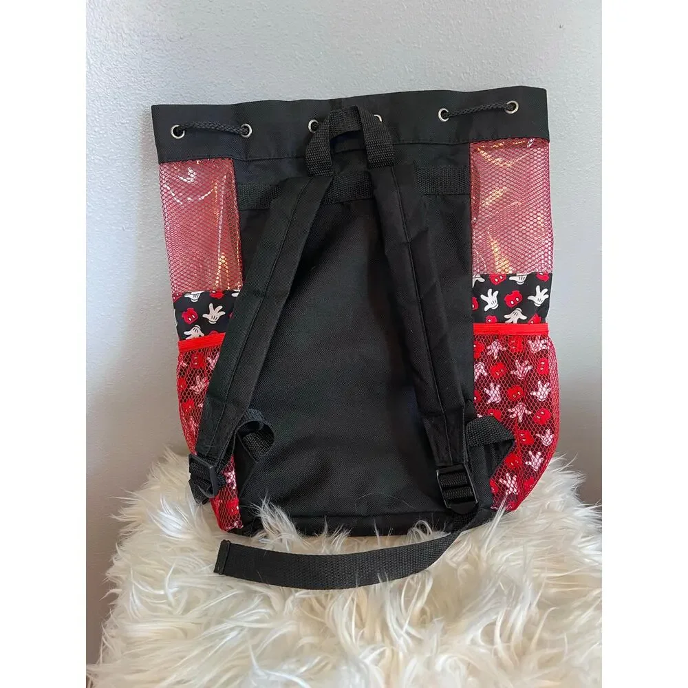 Mickey Mouse Disney Beach Mesh Bag Backpack Black Red Drawstring Ears Zipper